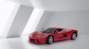 Scarlet red elegant sports car 3DAbstract room white background. 3d render photo