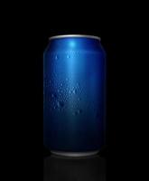 Concept of thirst and quenching thirst. Blue metal can with cola or beer. Drops of condensation on the surface photo