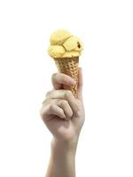 A woman hand holding an ice cream cone on a white background photo