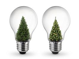 decorated Christmas tree inside of light bulb on White Background, Inspiration concept photo