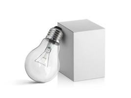 light bulb and box isolated on white background photo