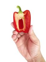 hand holding red Bell Pepper isolated on white background