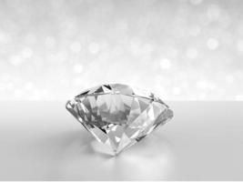 Close up of elegant diamond on white shining bokeh background. concept for choosing best diamond gem design. 3d render photo