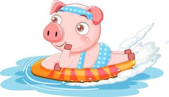 lindo personaje de dibujos animados de cerdo con bikini surfeando vector
