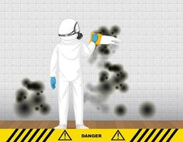 Man in protective hazmat suit cleaning mold on the wall vector