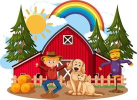 Farm barn with tree and rainbow vector