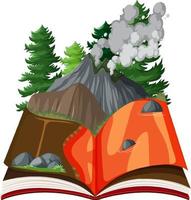 escena en libro con volcán en bosque vector