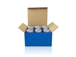 Box with cans isolated on white background photo