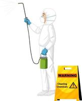 Man in protective hazmat suit with cleaning chemicals sign vector