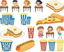 conjunto de diferentes comidas chatarra y niños vector