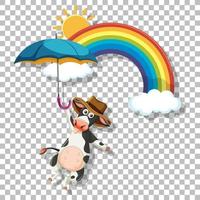 una vaca sosteniendo un paraguas y un arcoiris vector