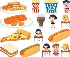 conjunto de diferentes comidas chatarra y niños vector