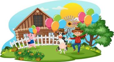 Farm scene with farmer dancing with animals vector