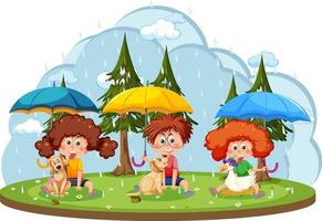 Rainy day with children holding umbrella vector