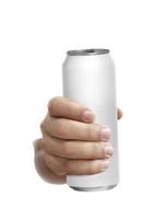 Cans aluminum of on hand isolated on a white background photo