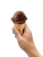 A man hand holding an ice cream cone on a white background photo