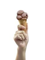 A woman hand holding an ice cream cone on a white background photo