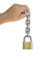 Hand holding The metal chain and metal padlock on white background photo