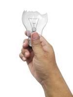 The broken bulb in a hand  Isolated on white background photo