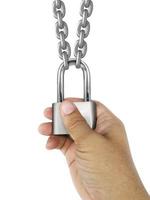 A man Handle padlock and gray metal chain on white background photo