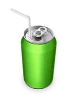 Aluminum can with the ring pull and straw. Isolated on a white photo