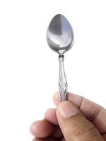 Hand holding spoon isolated on white background photo