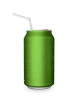 Aluminum can with the ring pull and straw. Isolated on a white photo