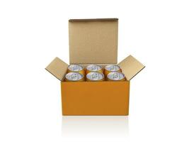 Box with cans isolated on white background photo