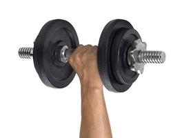 mano sujetando dumbell sobre fondo blanco aislado foto