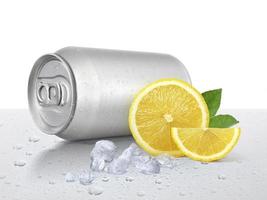 Can of cold beverage, ice cubea and pieces of juicy lime.Summer refreshing drink photo