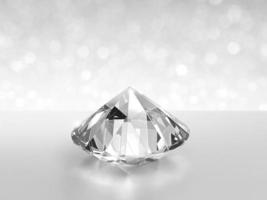 Close up of elegant diamond on white shining bokeh background. concept for choosing best diamond gem design. 3d render photo