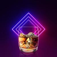 Whiskey with ice in a glass on background glowing lines, tunnel, neon lights. 3d render photo