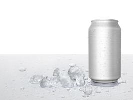 Tin cans and ice cubes on white background photo