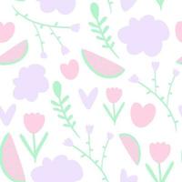 Digital illustration of a trendy floral print. Seamless pattern with summer elements. Vector hand drawn doodle background.