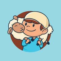 Illustration of cute muslim kid pickaback a cute sheep vector