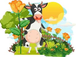 vaca de dibujos animados en campo de flores vector