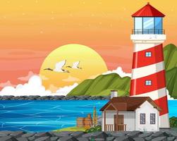 Sunset background with lighthouse on coast vector