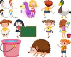 Set of different cute kids and objects vector