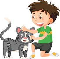 un niño jugando con un lindo gato vector