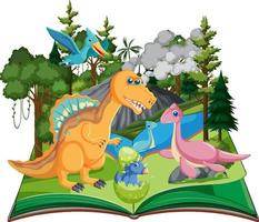 libro abierto con dinosaurio en la escena del bosque prehistórico vector
