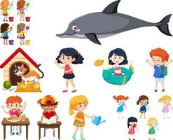 Set of different cute kids and objects vector