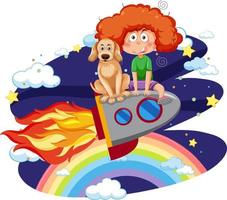 una niña y un perro en un cohete en el cielo
