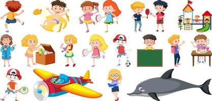 Set of different cute kids and objects vector