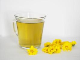 chrysanthemum Juice, Drink water Chrysanthemum indicum Scientific name Dendranthema morifolium, Flavonoids, in clear grass Closeup pollen of yellow flower photo