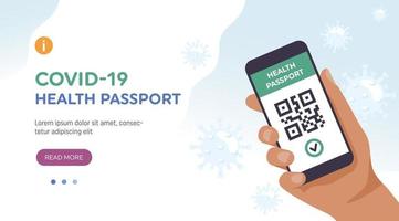 Health passport concept. hand holding a smartphone with QR code. Landing page vector