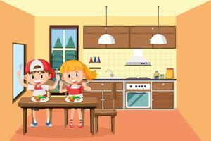 Children having meal in kitchen vector
