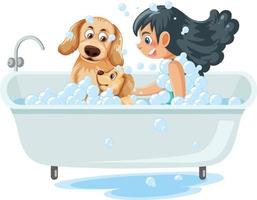 A girl taking a bath with a dog vector