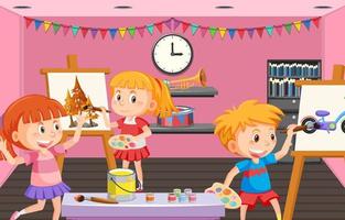 Happy children in an art class painting vector