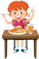 Happy boy enjoy eating food on table vector