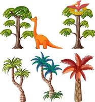 conjunto de dinosaurios y muchos árboles vector